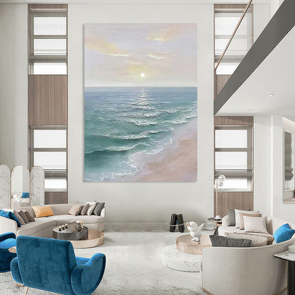“Pastel, Blue, White Sunset Sea ‘Dreamy Dusk’” - Impasto Seaside Sunset Painting On Canvas DTP350