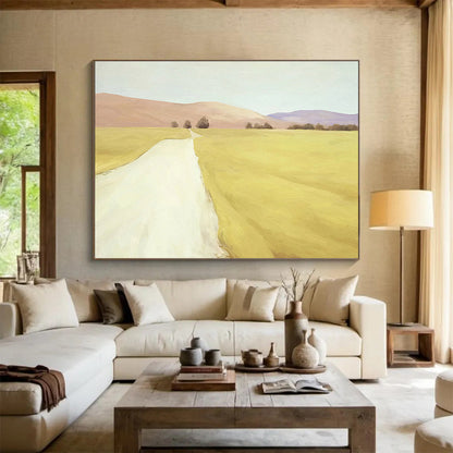 “Golden Path to Distant Hills” - Yellow, Beige, Purple Realistic Landscape Painting On Canvas DKH742