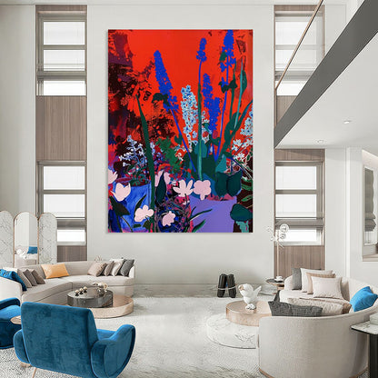 “Blue Flowers on Red” - Pop Art - Inspired Floral Painting On Canvas DTP100