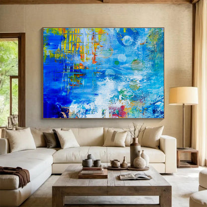 “Blue Abstract with Colorful Elements” Abstract Expressionist Painting On Canvas DKH439