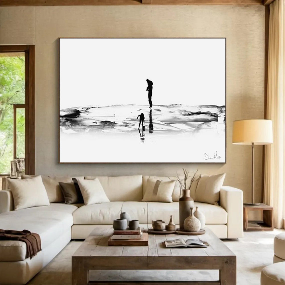 “Silhouette Beach Scene” Monochrome Landscape Painting On Canvas DLZ114