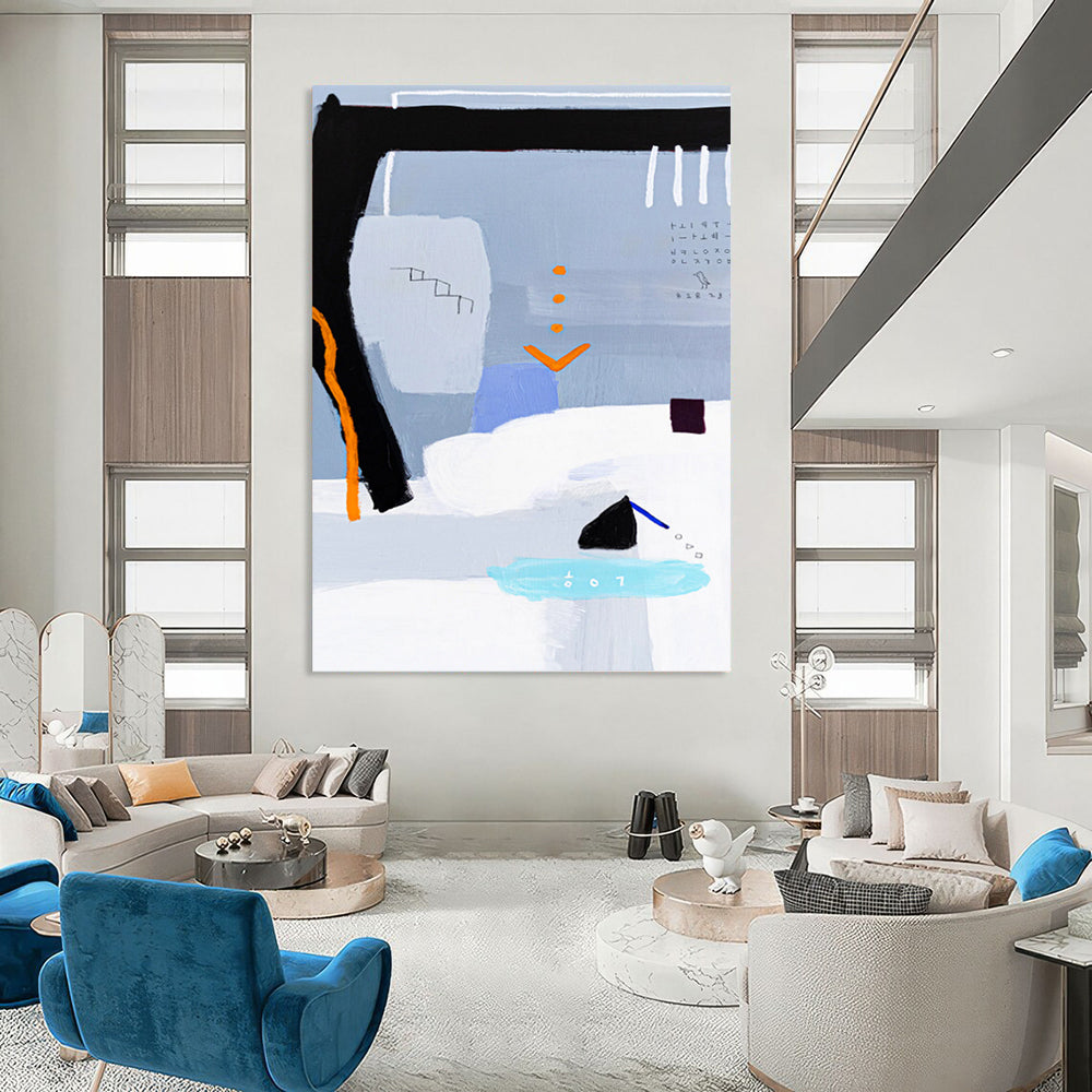 “Gray - Toned Abstract with Black, Orange, and Blue Accents” - Whimsical Abstract Painting On Canvas DKH1097