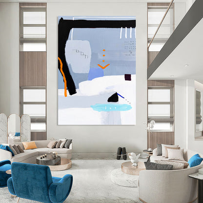 “Gray - Toned Abstract with Black, Orange, and Blue Accents” - Whimsical Abstract Painting On Canvas DKH1097