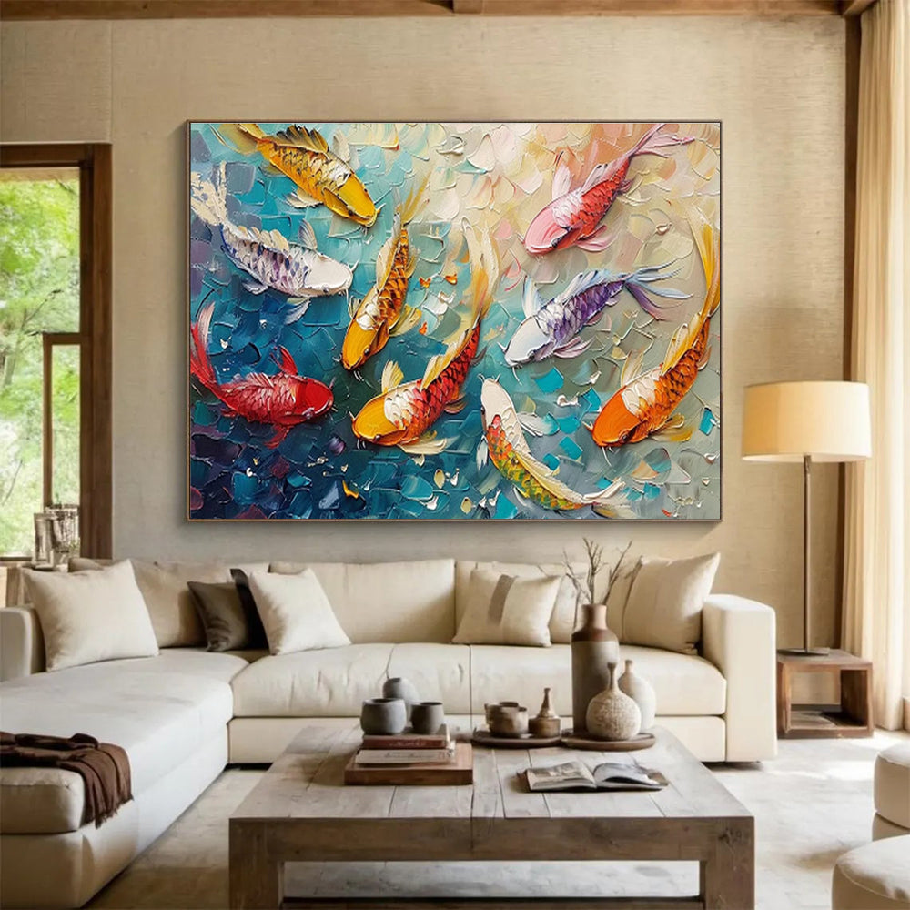 “Koi Celebration” - Colorful, Textured Fish & Water Impasto Painting On Canvas DKH705