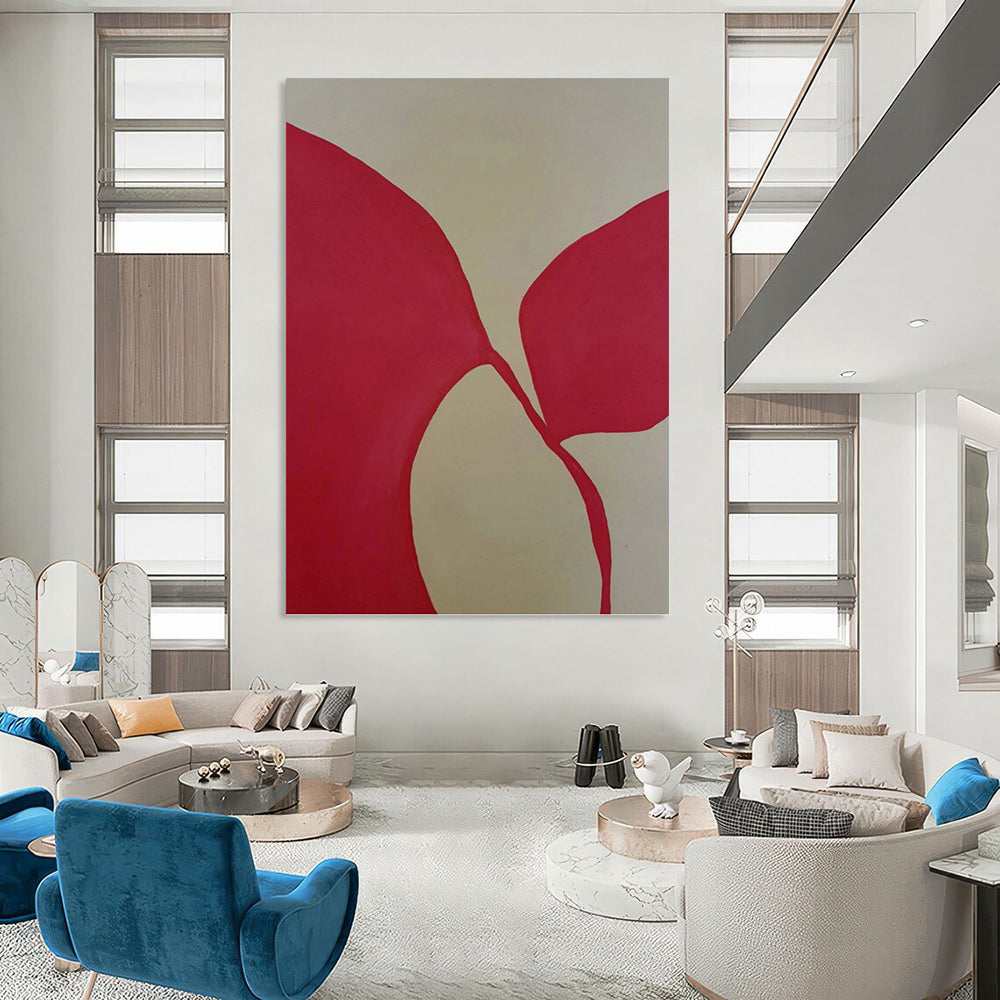 “Red Petal - like Forms on Light Background” - Minimalist Abstract Painting On Canvas DKH1080