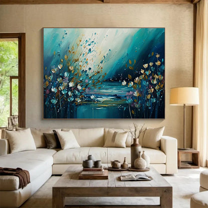 Riverbank Blooms - Teal & Gold Floral Landscape Painting On Canvas DKH879