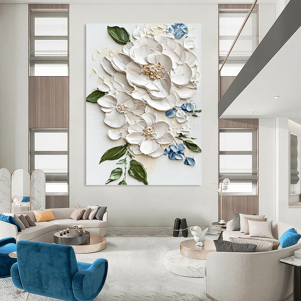 White Peony and Blue Accent Impasto - Textured Floral Painting On Canvas DKH1388