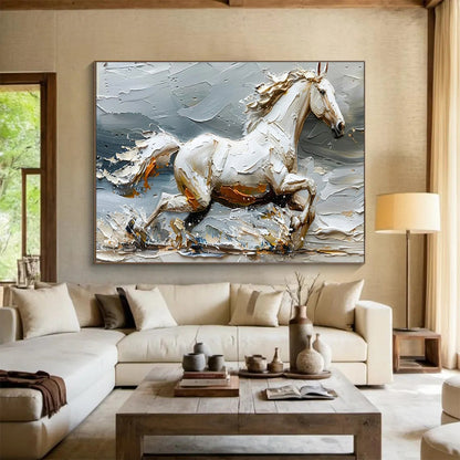 “Galloping White Horse” - Textured Equine Painting On Canvas DKH812
