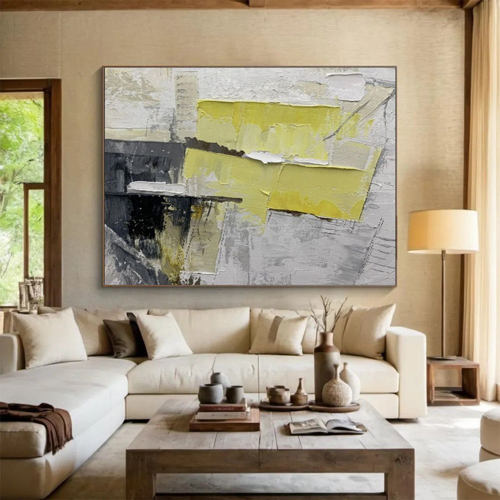 Bold Yellow and Gray Collage - Abstract Mixed - Media Painting On Canvas DKH595