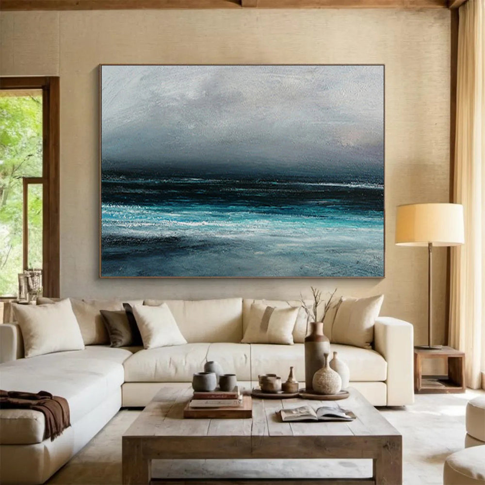 “Gray, Blue, Stormy Ocean ‘Dark Maritime Mood’” - Impressionist Seascape Painting On Canvas DLZ035