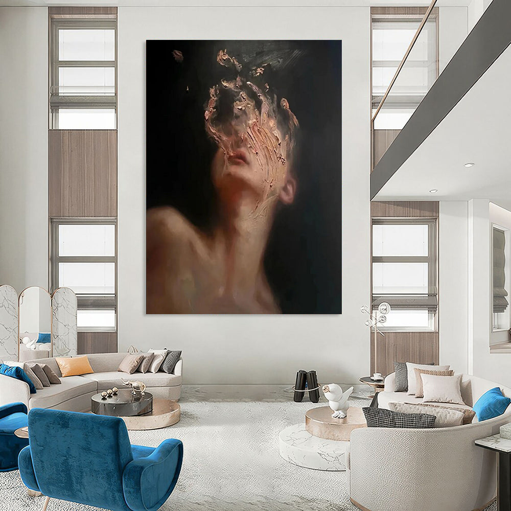 “Black, Beige, Gold Abstract Portrait ‘Ethereal Face’” - Textured Figurative Painting On Canvas DTP315