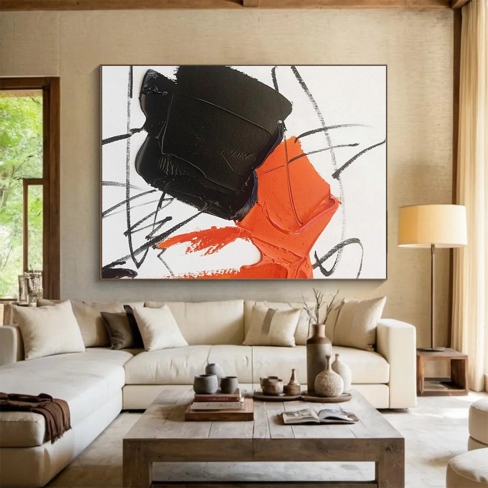 “Orange - Black - White Dynamic Strokes” ，Abstract Acrylic Painting CT0786