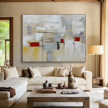 “Neutral Tones Abstract Geometry” - Beige, Gray, Red Minimalist Abstract Painting On Canvas DKH750