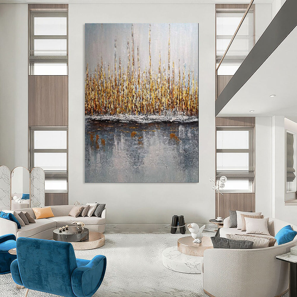 “Golden Reeds by Gray Water” – Landscape Oil Painting On Canvas CT2103