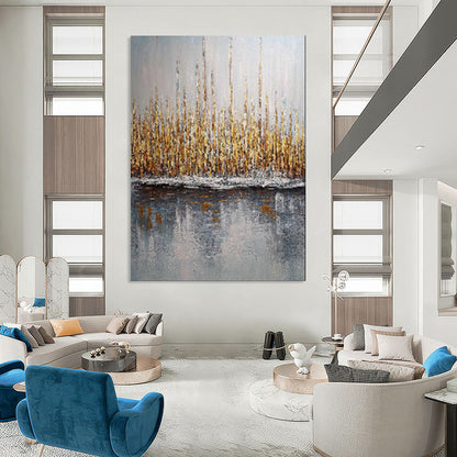 “Golden Reeds by Gray Water” – Landscape Oil Painting On Canvas CT2103