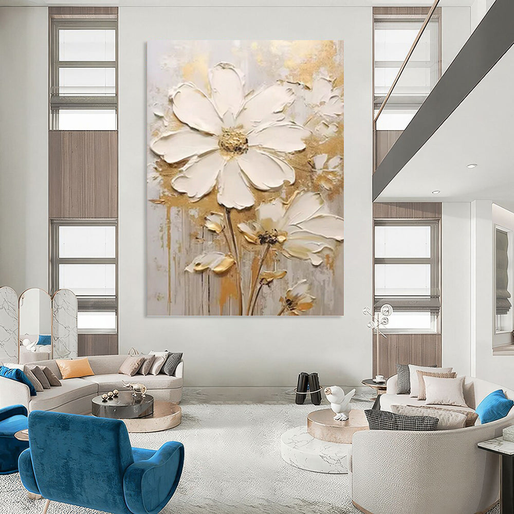 White and Gold Floral Simplicity - Impasto Flower Painting On Canvas DKH1395