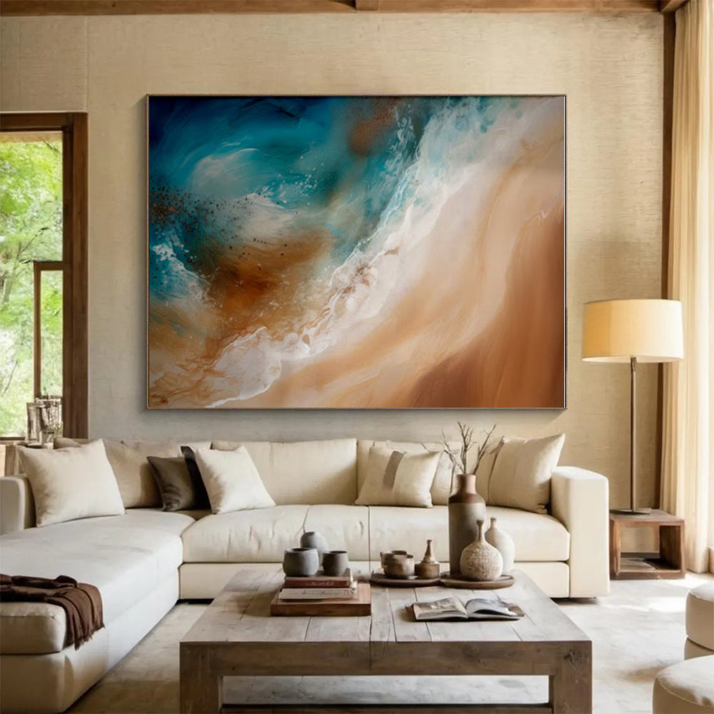 Blue, Beige & White Ocean Waves, “Coastal Flow” - Fluid Acrylic Seascape Painting CT0765