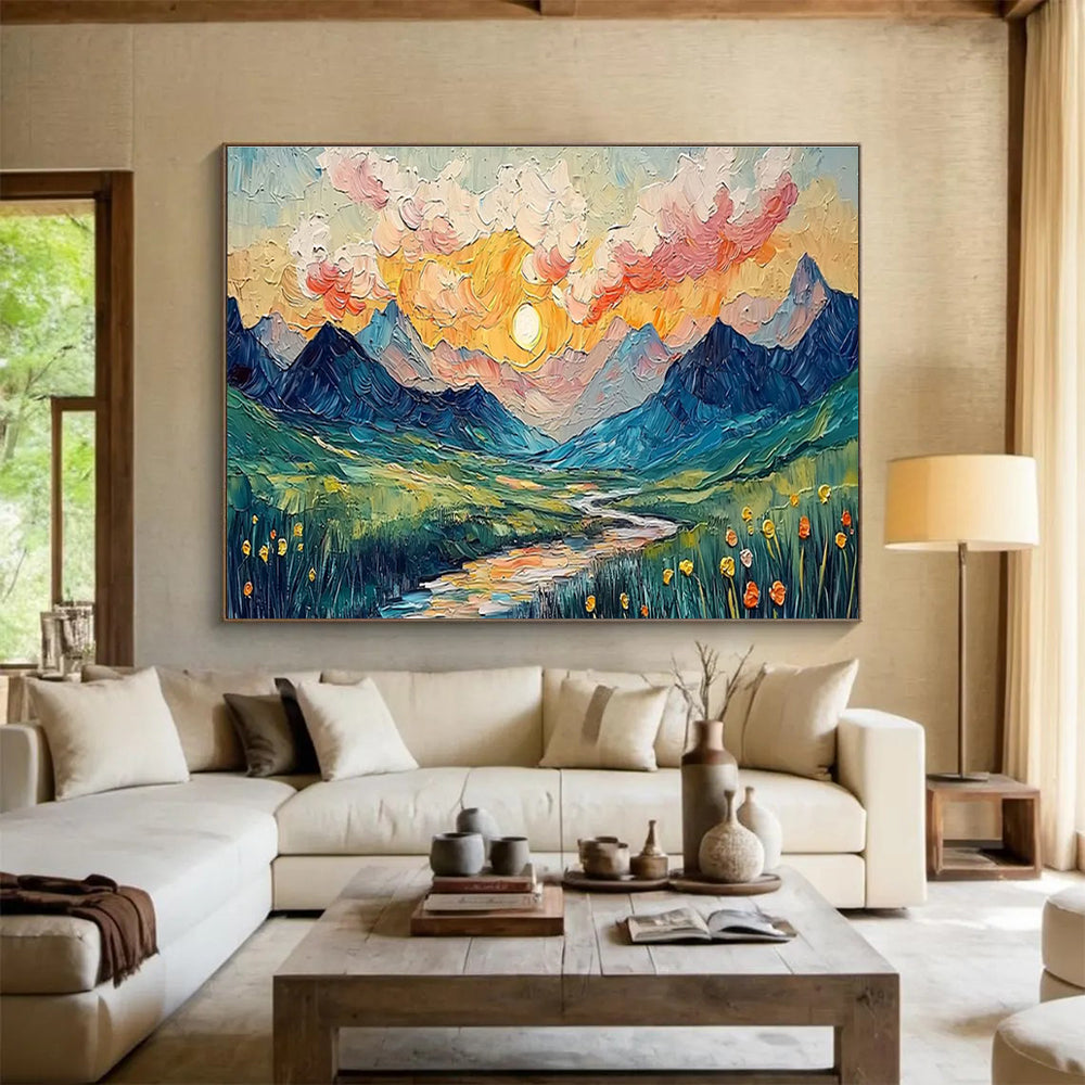 “Impasto Mountain Sunset” - Textured Landscape Painting On Canvas DKH856