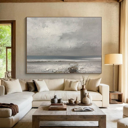 “Textured Gray Seaside” - Gray & Blue Impasto Coastal Painting On Canvas DLZ265