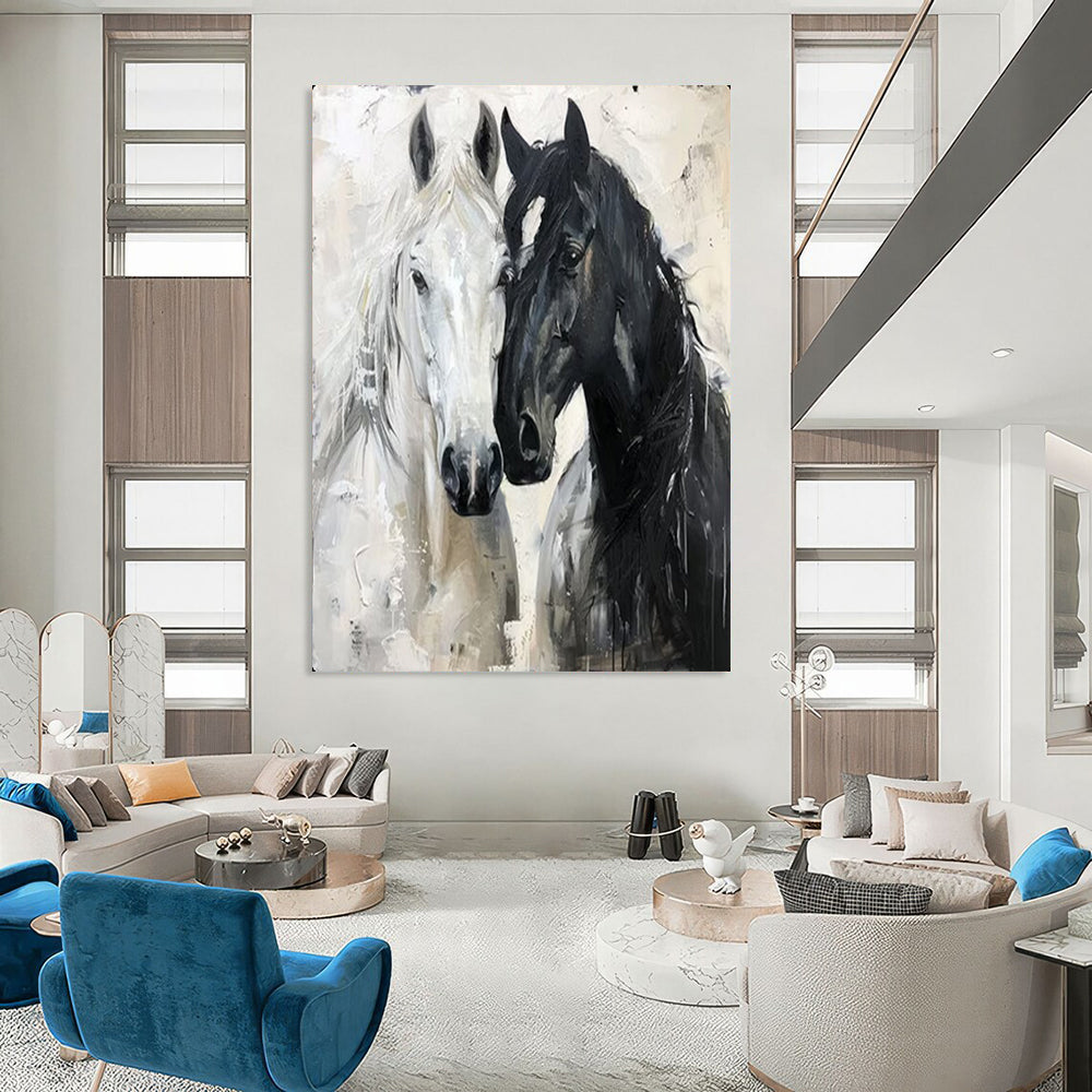 “Black & White Equine Bond” – Impasto Animal Painting On Canvas CT2122