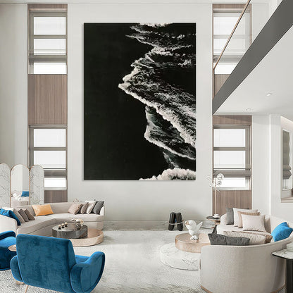 “Black, White Textured Waves ‘Nocturnal Tide’” - Impasto Monochrome Sea Painting On Canvas DTP349