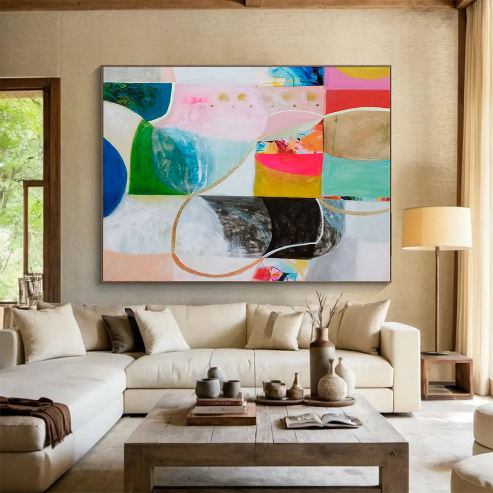 Abstract with Color Blocks and Curves - Harmonious Hues and Flowing Forms Painting On Canvas DKH069