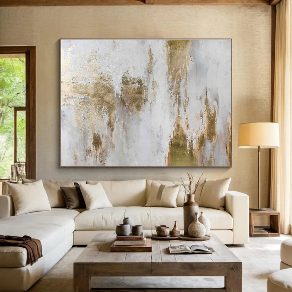 “Gold - White Textured Abstraction” Abstract Acrylic Painting On Canvas DKH521