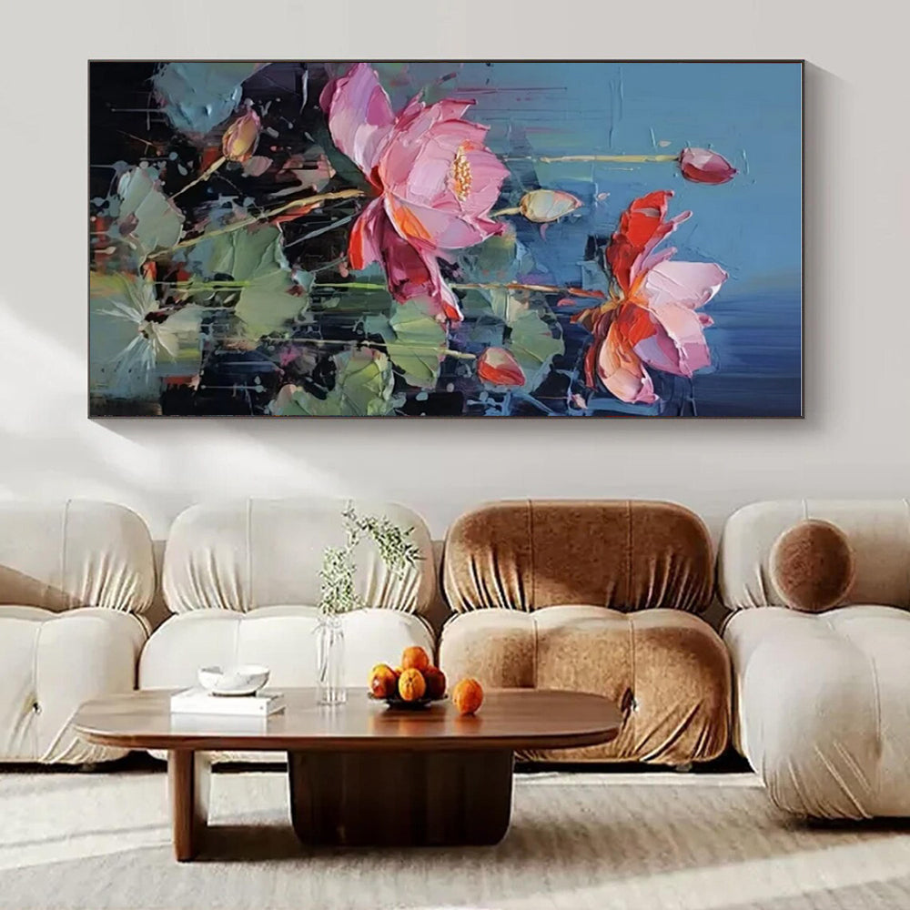 Pink & Red Lotuses, Textured Petals - "Lotus Rhapsody" - Impasto Oil Painting CT1436