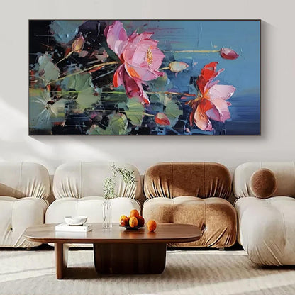 Pink & Red Lotuses, Textured Petals - "Lotus Rhapsody" - Impasto Oil Painting CT1436