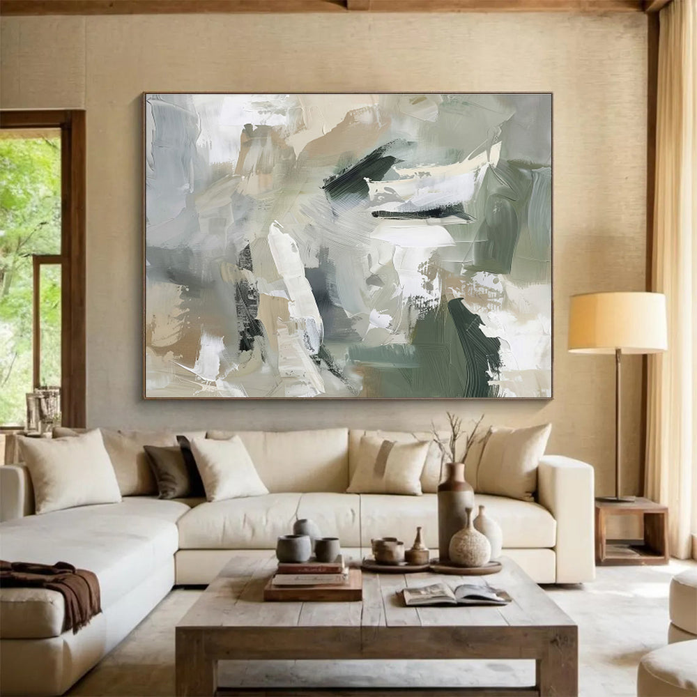 Earth Tones Collide Green Beige Abstract Brushstrokes Painting On Canvas DKH240