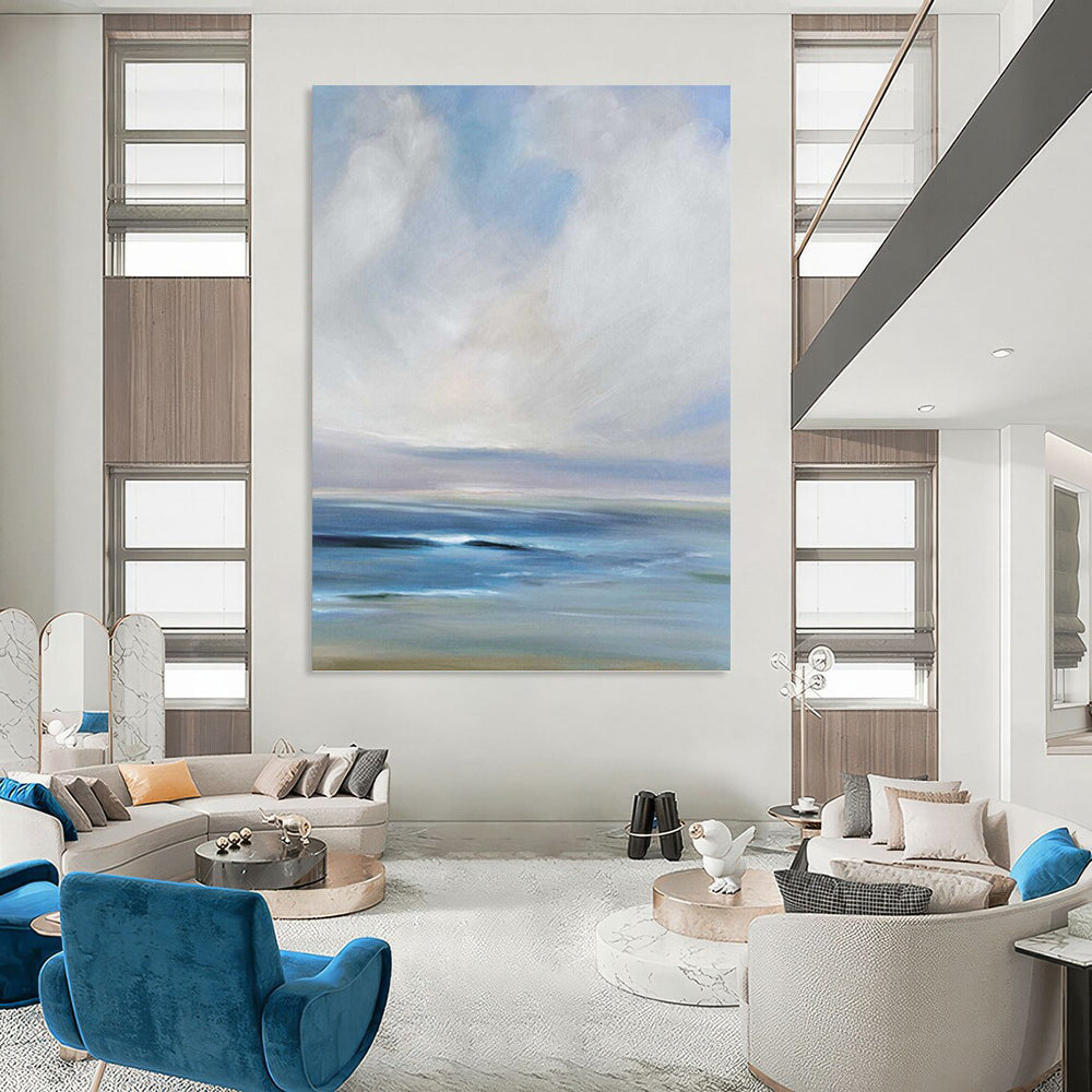 “Serene Coastal Blues” - Blue, White & Gray Impressionistic Seascape Painting On Canvas DKH0957