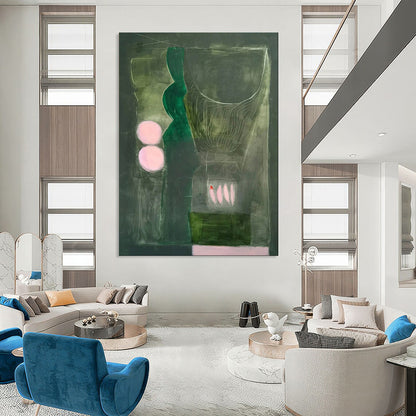 Green, Grey, Pink Accents - "Mystic Stillness" - Abstract Surrealist Painting CT1846