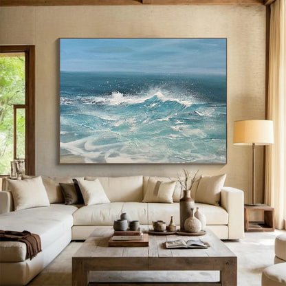 “Blue, White, Crashing Waves ‘Dynamic Surf’” - Realist Seascape Painting On Canvas DLZ025