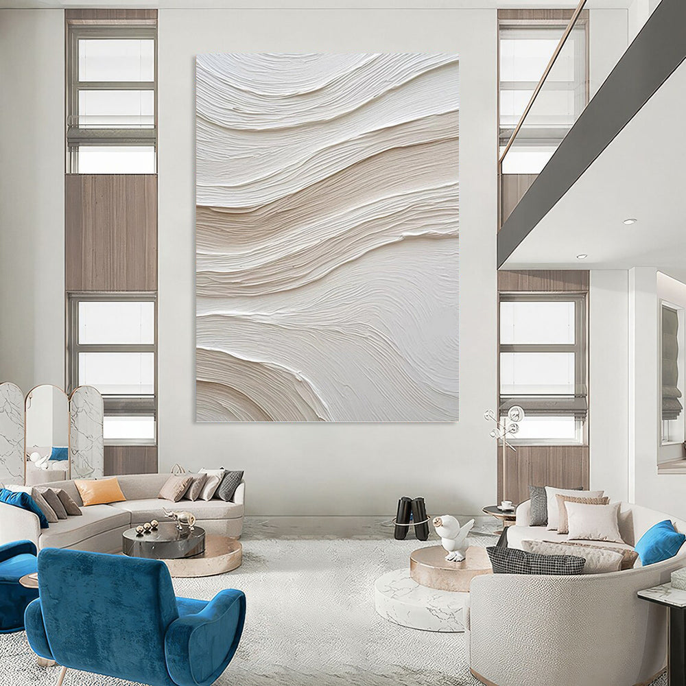 “Textured White & Beige Waves” - White & Beige Minimalist Textured Painting On Canvas DKH1024