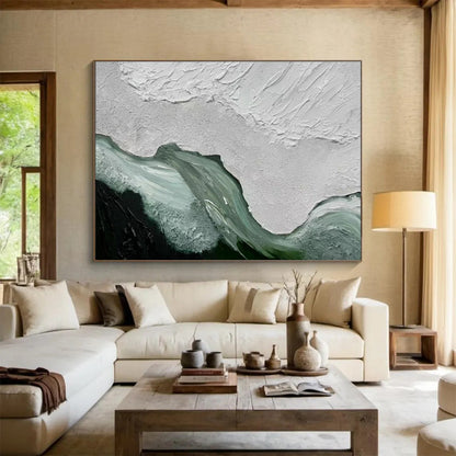 “Textured White & Teal Waves” - White, Teal, Green Impasto Abstract Painting On Canvas DKH744