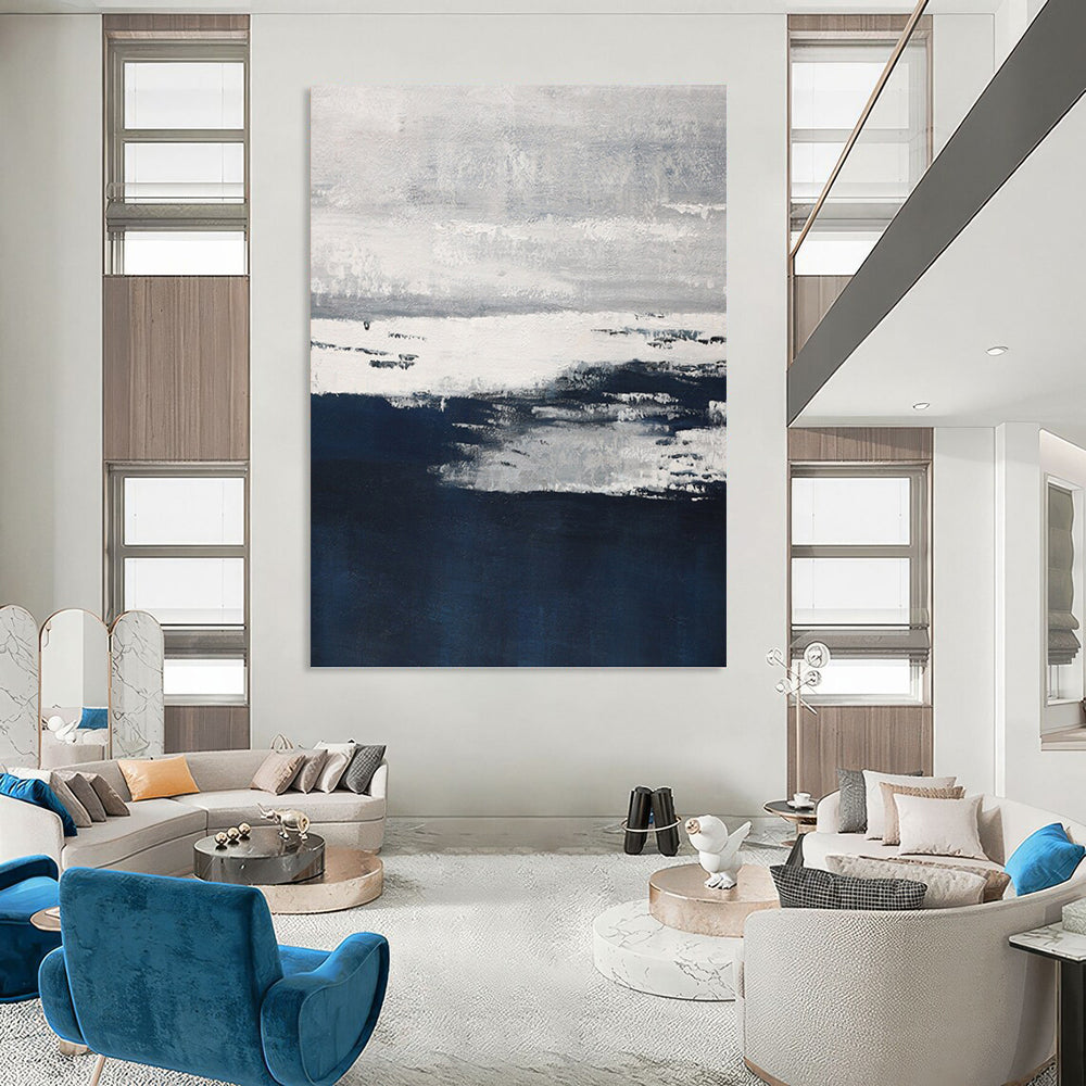 “Moody Horizons” - Gray, White & Navy Abstract Landscape - Inspired Painting On Canvas DKH1540