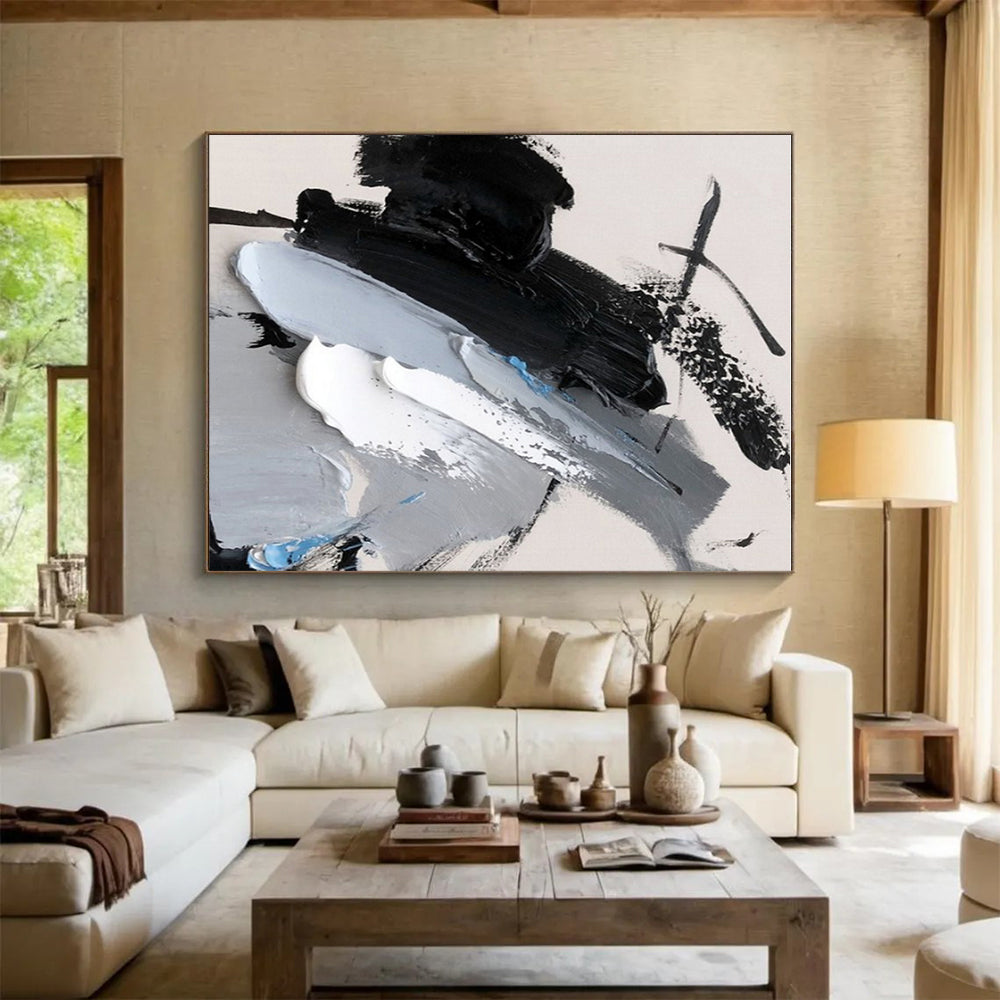 Black, Gray, White & Blue Abstract Strokes, “Chilled Dynamism” - Impasto Abstract Painting CT0777