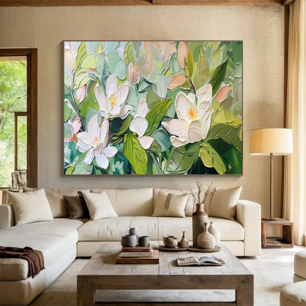 “Impasto White Magnolias” - Delicate Botanical Painting On Canvas DKH836