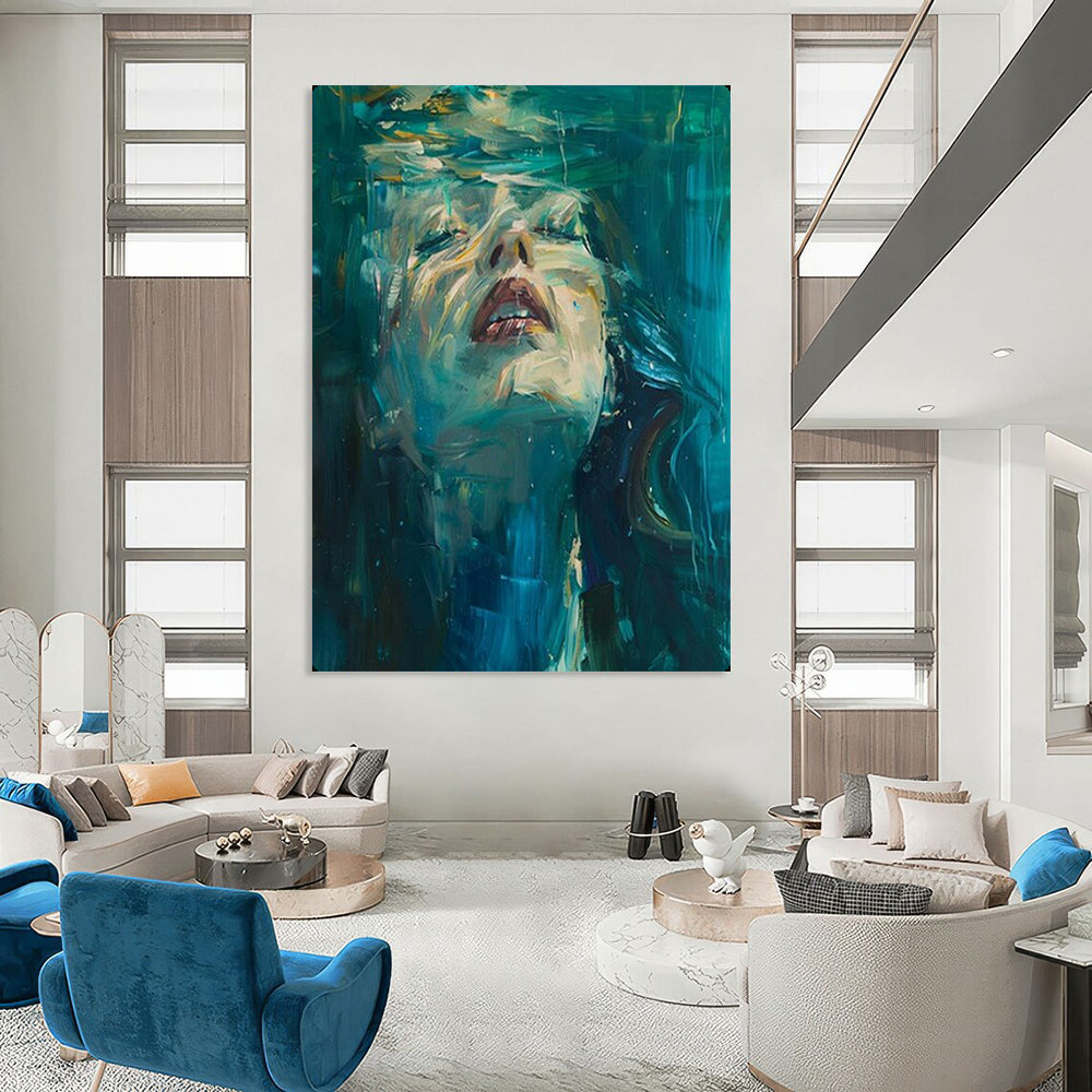 “Underwater Serenity in Teal” – Impasto Portrait Painting On Canvas CT2121