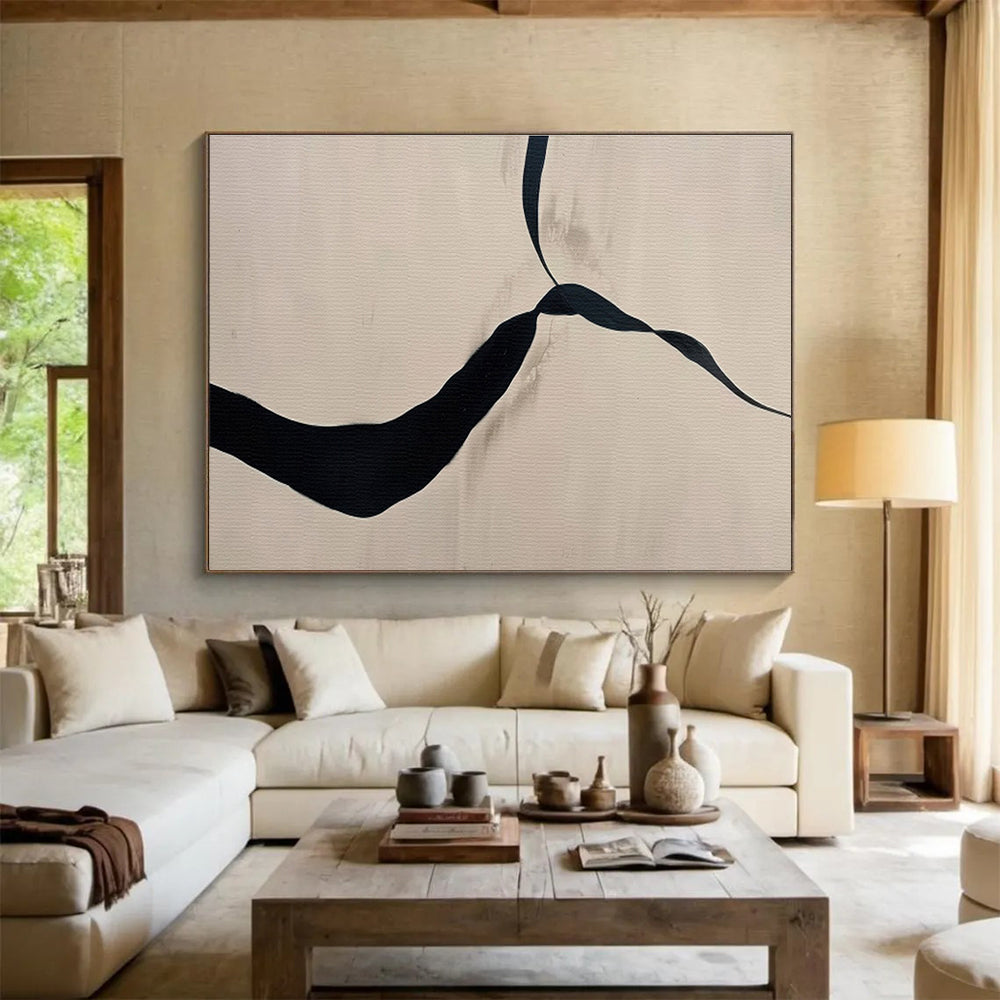 Beige and Black Abstract “Simple Elegant Flow” Painting On Canvas DKH145
