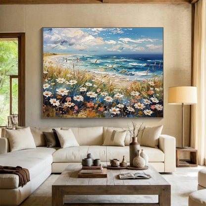 “Seaside Wildflowers”：Impasto Coastal Landscape Painting On Canvas DKH255