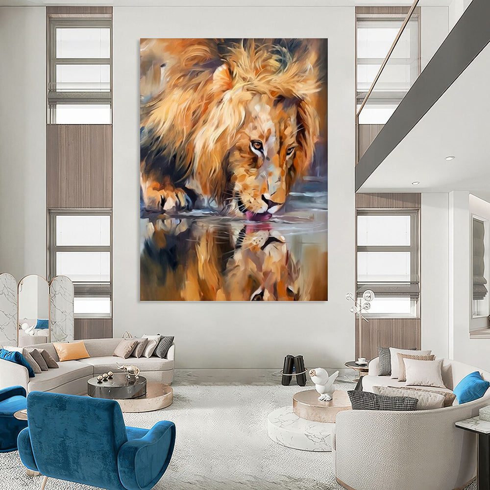 “Lion Drinking at Waterhole” - Realistic Wildlife Oil Painting On Canvas DKH1647