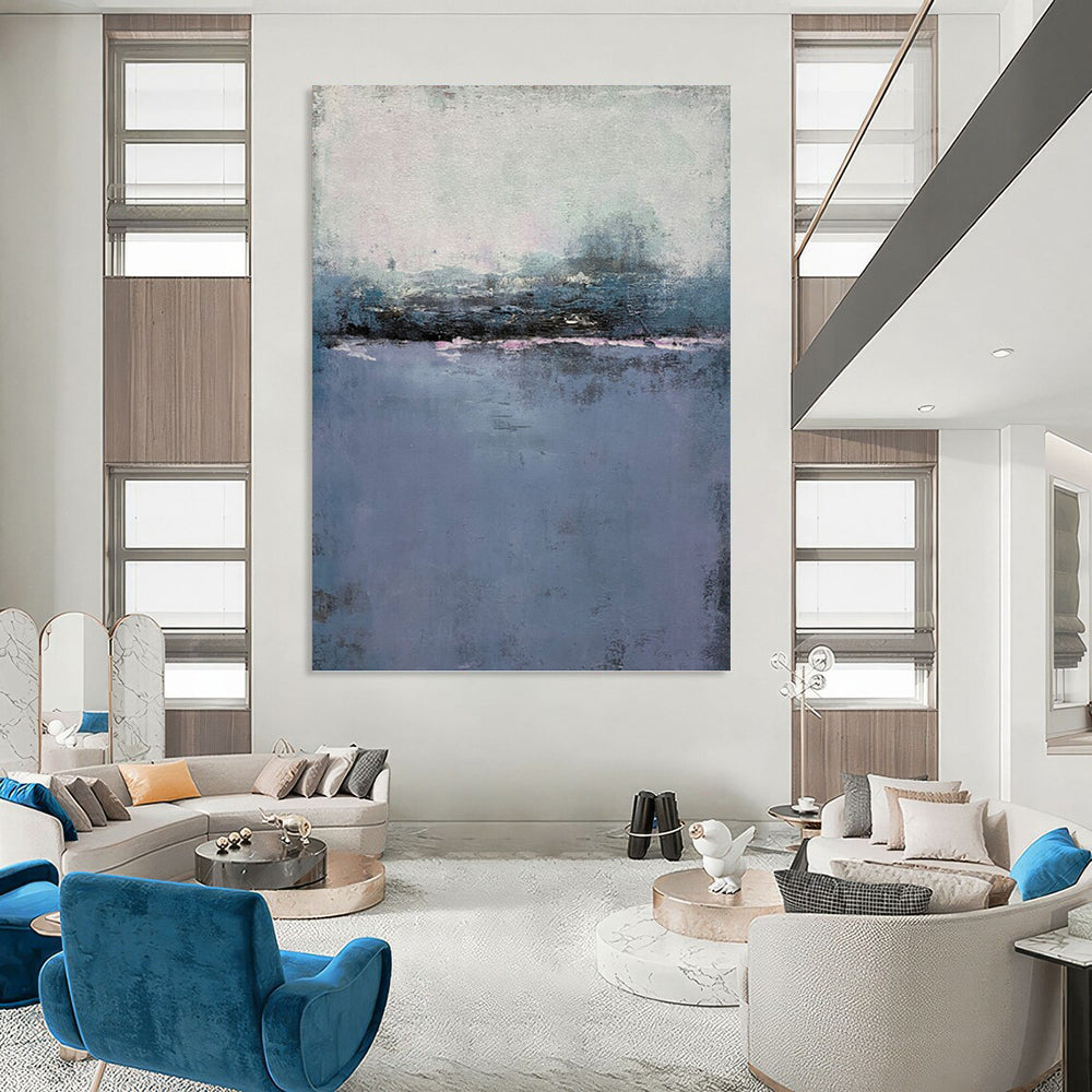 “Misty Purple & Gray Landscape” - Purple, Gray & Blue Abstract Landscape Painting On Canvas DKH1224