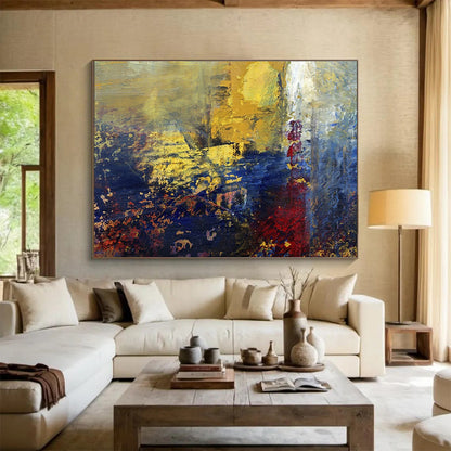 “Golden Dusk Abstraction” - Gold, Blue, Red Abstract Oil Painting On Canvas DKH722