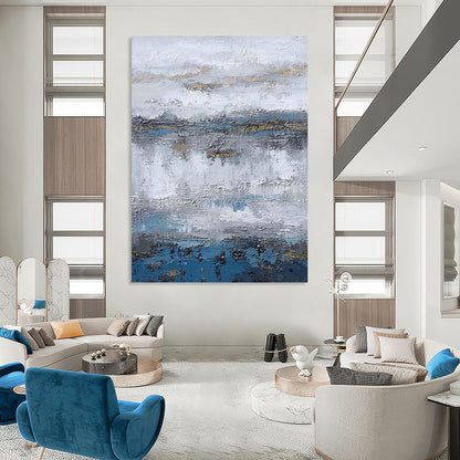 “Gray - Blue - Gold Textured Abstract Landscape” Painting On Canvas DKH1226