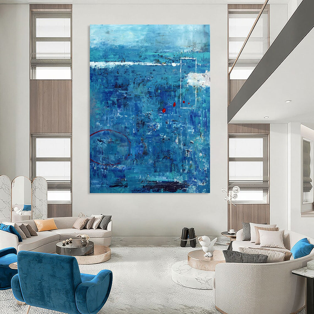 “Oceanic Abstract - Blues, Reds, and Textured Layers” Painting On Canvas CT2389