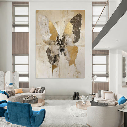 “Vintage Gold Butterfly” - Gold, Gray & Brown Butterfly Painting On Canvas CT2206