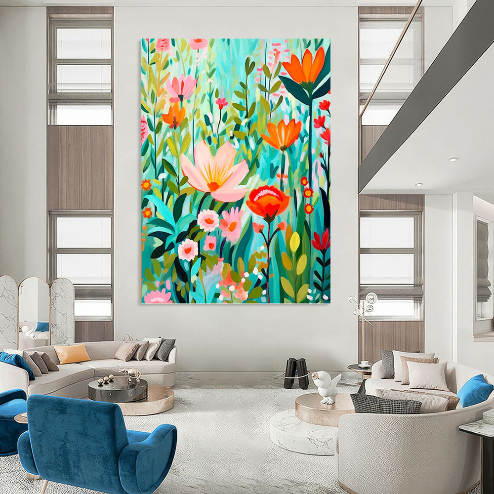 “Flat - Style Floral Field” - Colorful Flat - Design Floral Field Painting On Canvas DKH1595