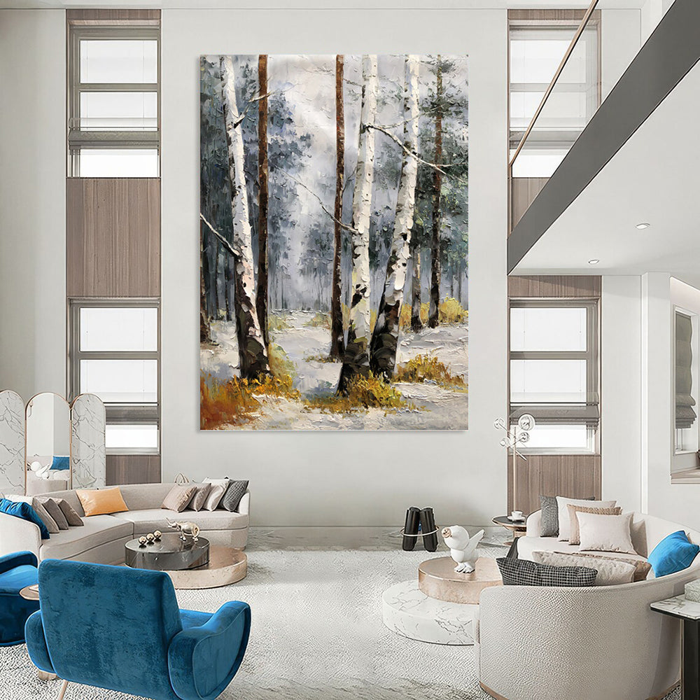 Snowy Birch Forest in Gray and White - Landscape Painting On Canvas DKH1276