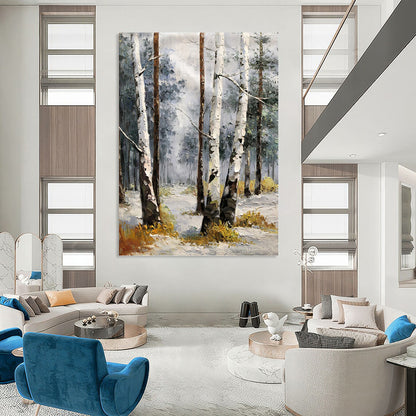 Snowy Birch Forest in Gray and White - Landscape Painting On Canvas DKH1276